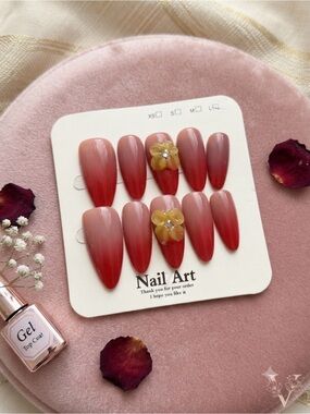 Elegant Rose Ombre Press-On Nails with Yellow Flower Accent
